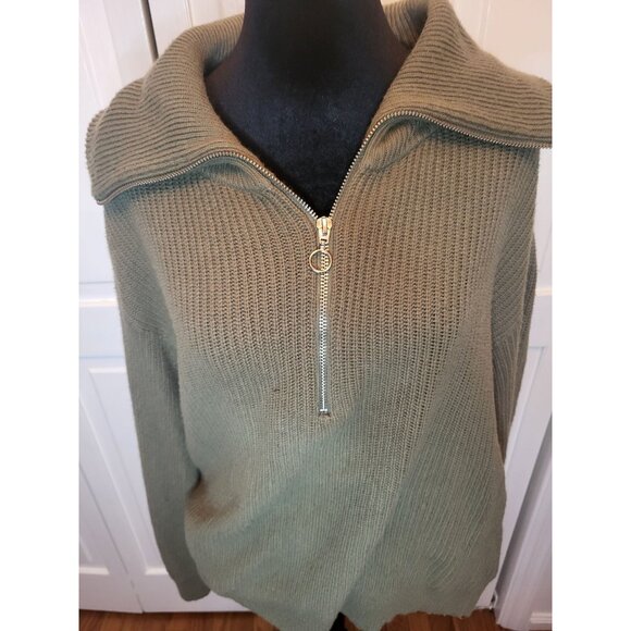 Talbots Olive Green Ribbed Half Zip Sweater Wide Collar M Preppy Minimal Modest - Picture 3 of 8